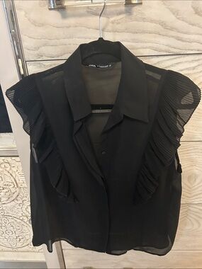 Zara Black Sleeveless Pleated Ruffle Blouse